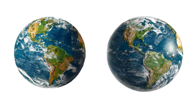 Two realistic globes of planet earth showing continents and oceans, isolated on transparent background