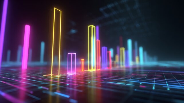 Neon Bars Representing Data Trends and Growth in a Futuristic Digital Interface with Colorful Lines and Shapes in a Cyber Environment