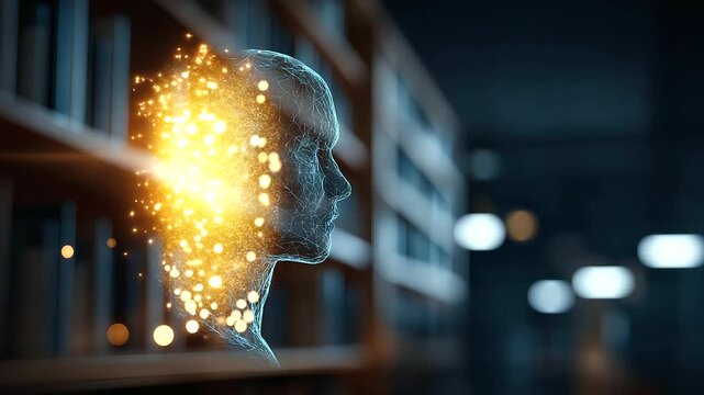 AI in e library concept faceless framing room gently defocused knowledge base on internet digital library e books e learning knowledge network with copy space