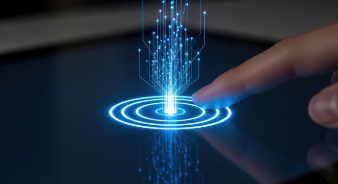 Finger touching a glowing digital interface with data streams