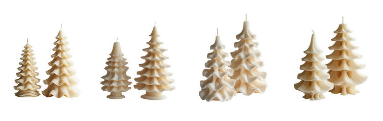 Several beeswax candles shaped like christmas trees, isolated on transparent background