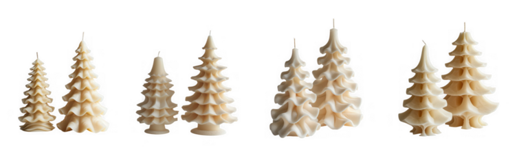 Several beeswax candles shaped like christmas trees, isolated on transparent background