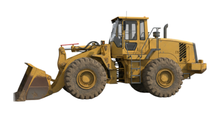 Yellow wheel loader isolated on transparent background for construction work