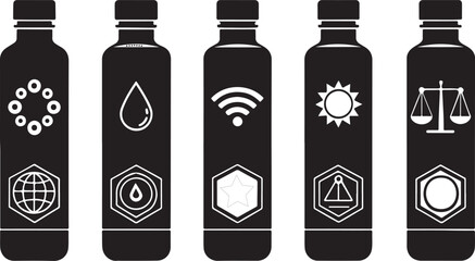 Smart water bottle icon set. flat silhouette illustration