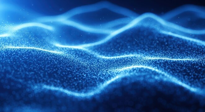 Abstract blue glowing waves of particles in motion