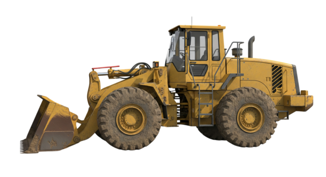 Yellow wheel loader isolated on transparent background for construction work