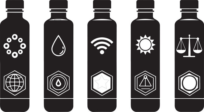 Smart water bottle icon set. flat silhouette illustration