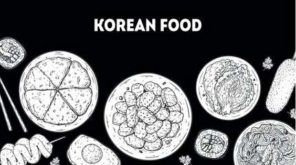 Korean food frame. Hand drawn top view Korean food dishes vector sketch illustration. Kimbap, odeng, pajeon, bulgogi, kimchi, japchae, corn dog, egg bread