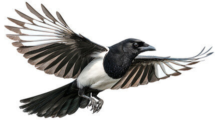 Fototapeta premium A black and white magpie bird in midflight, wings outstretched, isolated on transparent background