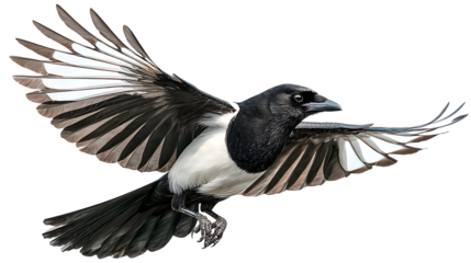A black and white magpie bird in midflight, wings outstretched, isolated on transparent background