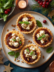Savory Christmas tarts with caramelized onion and goat cheese. Vertical photo of festive holiday appetizers on a decorated table