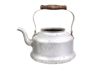 Aluminum vintage old teapot isolated on white background.