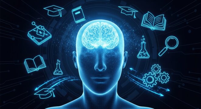 Human brain with education and science icons