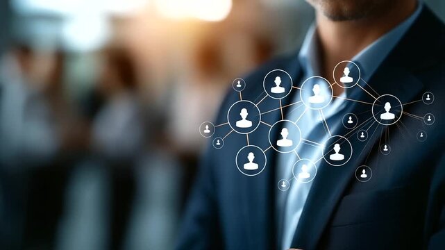 Job fair concept crop below eyes background softly defocused recruitment and onboarding program applicant hiring businessman with virtual job fair icons talent search career