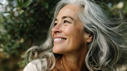 Joyful elderly woman with long gray hair smiling outdoors in nature surrounded by greenery and sunlight showcasing happiness and serenity