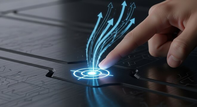 Hand activating a digital target with glowing blue energy streams - Powered by Adobe