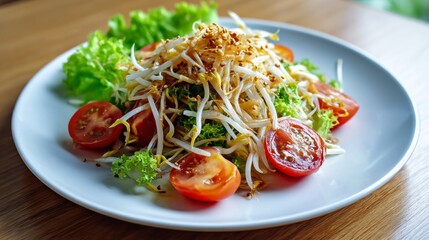 Fresh Crisp Salad with Bean Sprouts, Cherry Tomatoes, Lettuce and Garnish on Wooden Table in Natural Light