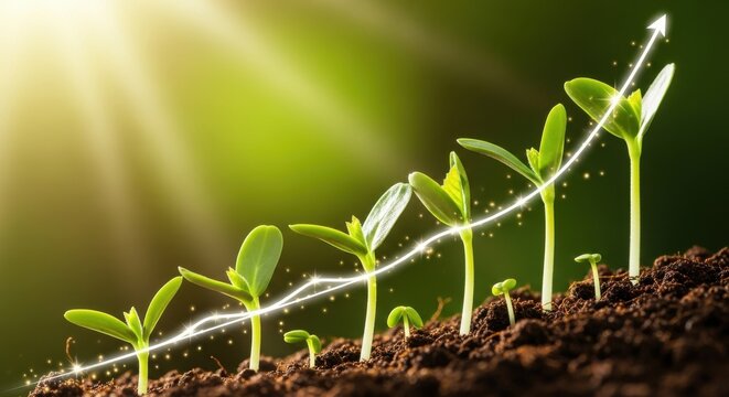 Plant seedling growth with upward trend line and sun rays