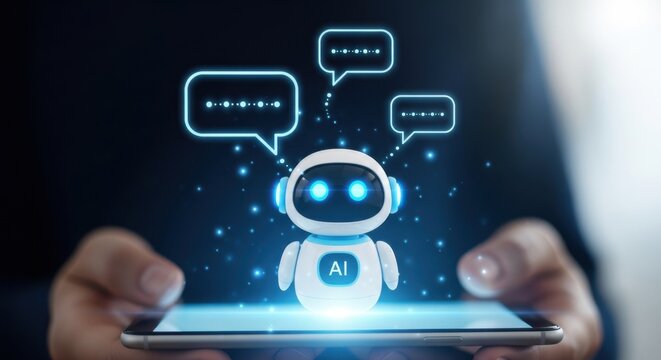 Person holding smartphone with ai chatbot and communication bubble icons