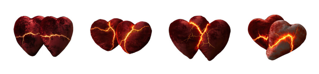 Four fiery red hearts with glowing cracks, isolated on transparent background