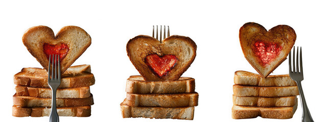 Three heart shaped toasts with strawberry filling and forks, isolated on transparent background