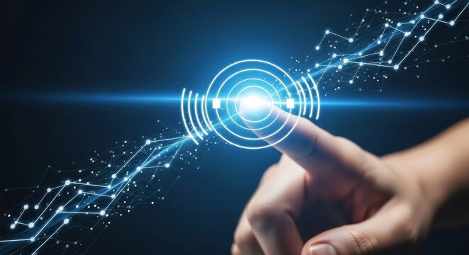 Finger touching a glowing digital interface with data stream