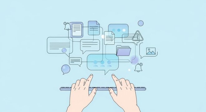 Illustration of hands typing on a keyboard with chat bubbles