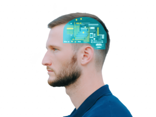 Profile of young man with digital brain circuit, symbolizing artificial intelligence, technology, and innovation, isolated on transparency background, futuristic and thoughtful expression