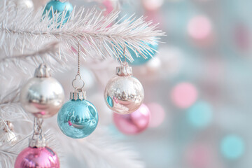 Pastel pink, blue, and silver ornaments hanging on white Christmas tree branch