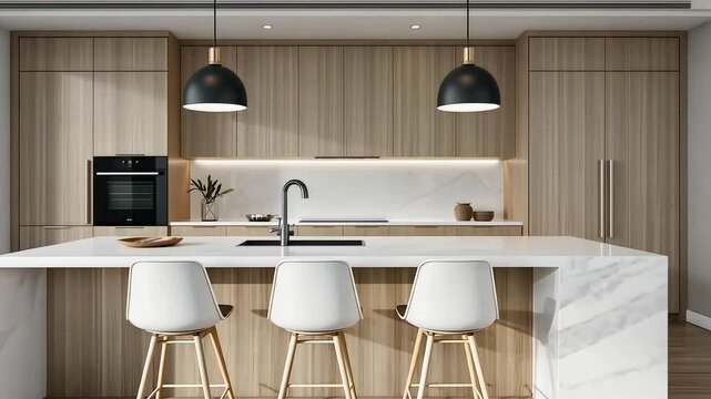 Modern Kitchen Island with White Marble Countertop, Wooden Cabinets, Black Pendant Lights, White Bar Stools