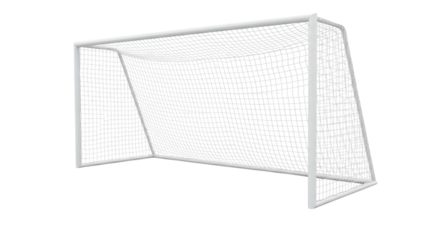 White soccer goal with net isolated on transparent background in a studio shot
