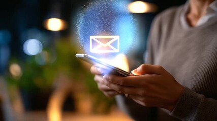 Email marketing concept faceless framing room gently defocused message reminder inbox new email notification on smartphone digital communication email campaign marketing