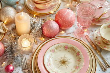 Christmas table with pink and gold vintage plates, candles and baubles in retro style