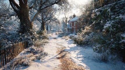 A snowy path through a winter wonderland,