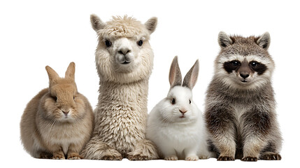 Obraz premium A group of diverse animals including a rabbit, alpaca, bunny, and raccoon isolated on transparent background