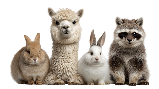 A group of diverse animals including a rabbit, alpaca, bunny, and raccoon isolated on transparent background