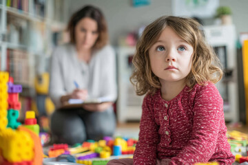 Little girl sitting on floor surrounded by toys with psychologist writing notes in background