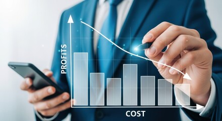 Businessman analyzing financial chart with phone and stylus