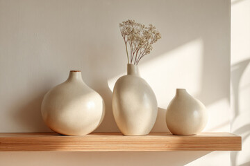 Ceramic vases with natural textures arranged on wooden shelf