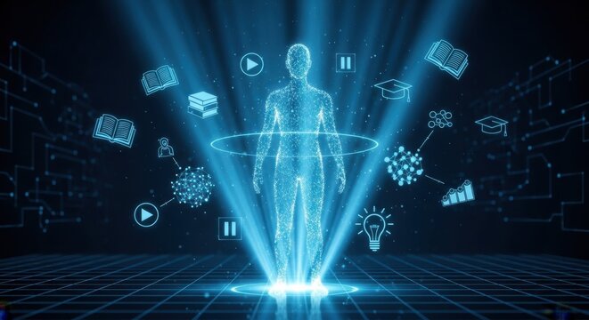 Holographic human figure with glowing icons representing knowledge and learning