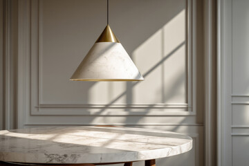 Modern cone shaped pendant lamp with marble texture hanging above marble table