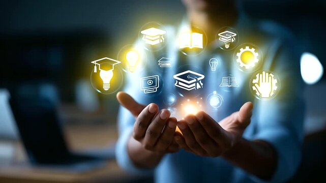 AI in e learning platform (variant) crop below eyes background softly defocused online education webinars recorded classes businessman with virtual e learning icons with cop