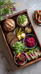 Traditional German Brotzeit platter on a rustic wooden tray. Vertical top view of assorted snacks with bread, cheese, meat, and pickles. Flat lay food composition
