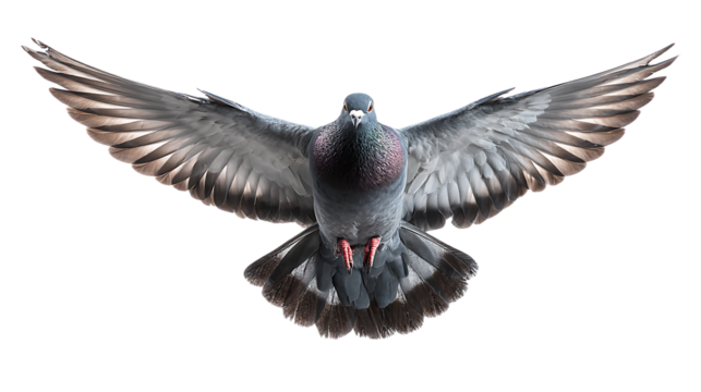 A pigeon in flight with wings spread wide, isolated on transparent background