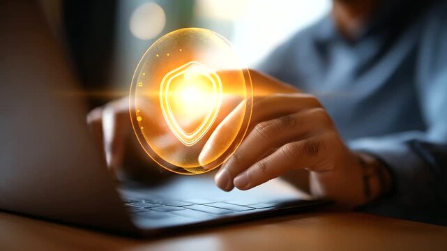 Copyright law concept faceless framing room gently defocused protecting intellectual property person using laptop with copyright tech on virtual screen IP protection