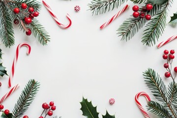 Cozy Christmas Background with Fir Branches, Candies and Decorations