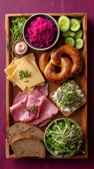 Traditional German Brotzeit snack platter with pretzel, ham, and cheese. Vertical flat lay of a Bavarian lunch board with fresh ingredients on a wooden tray