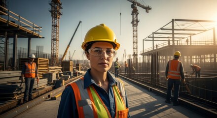 Building the Future: A determined construction worker stands confidently amidst a bustling construction site, embodying resilience and dedication in her role.