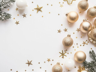 Golden Christmas Flat Lay with Ornaments and Stars