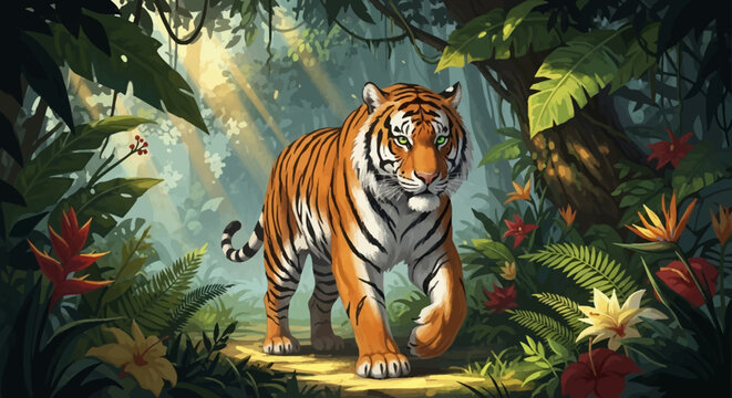 Majestic Tiger Walking Through Lush Jungle Foliage.
